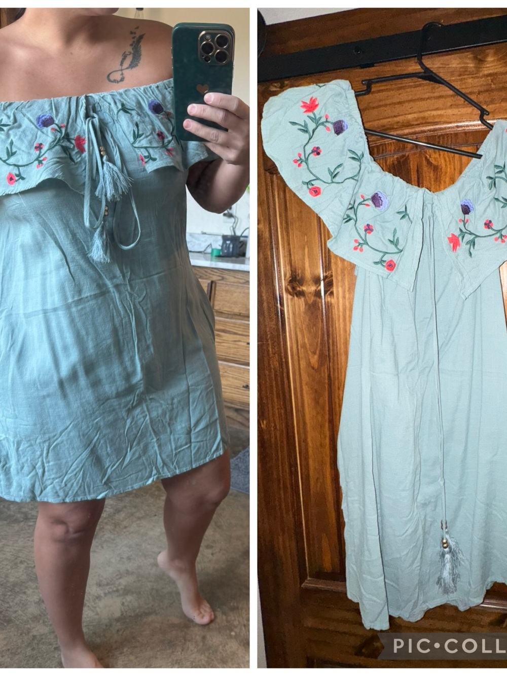 Light Sage Off-Shoulder Embroidered Mini Dress